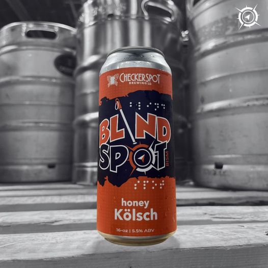 Revealing can of Blind Spot honey Kolsch beer by Checkerspot.