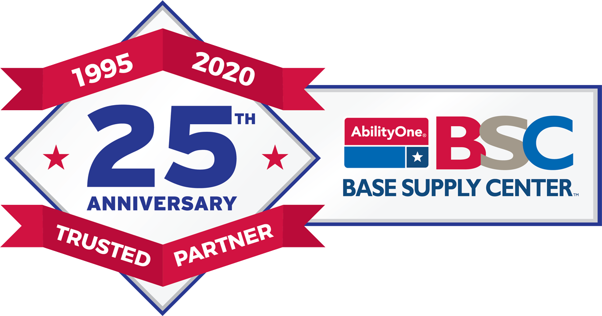 AbilityOne Base Supply Center 25th Anniversary Logo - Diamond with red ribbon: center text is 25th and red ribbon text is 1995-2020 Trusted Partner