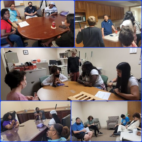 Collage of pictures from recent GLIDE workshop showing transition-age youth participating in conversations and learning kitchen skills