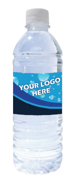 16.9oz water bottle with blue water bubble label saying Your Logo Here