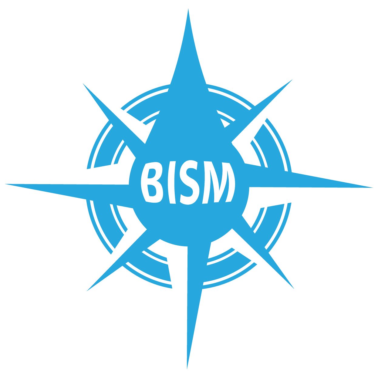 blue compass with BISM in center, center and top spoke form a water droplet