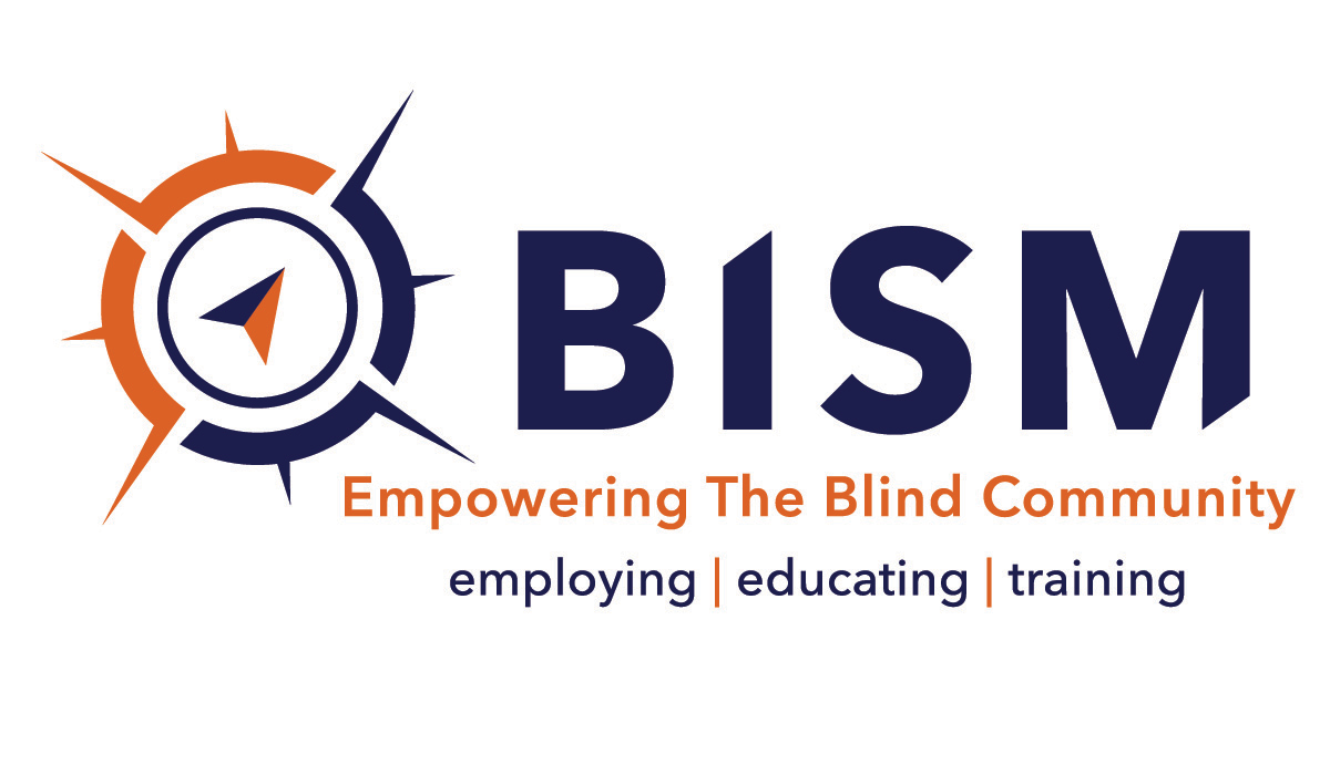 BISM Logo, blue and gold compass with modern styled letters reading BISM Empowering the Blind Community, employing, educating, training.