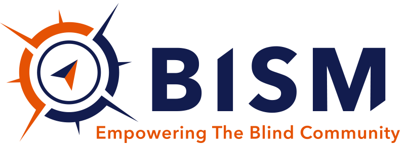 BISM Logo, blue and gold compass icon with modern styled letters reading BISM Empowering the Blind Community, employing, educating, training.