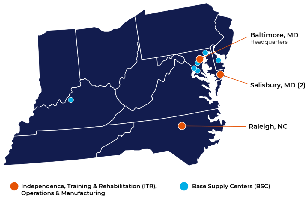 Map of BISM locations. Orange dots indicate Independence, ITR, and Operations & Manufacturing locations. Blue dots indicate Base Supply Centers.