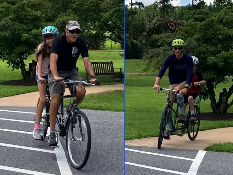 Side-by-side photographs of tandem bike riders. An adult is in the front seat while a camper pedals from the backseat.