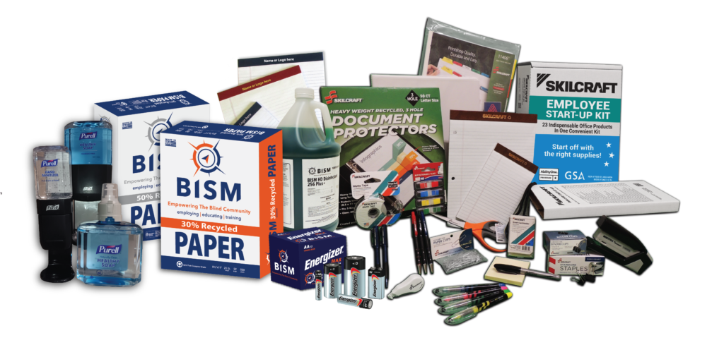 Image of different products BISM sells - in this photo you see copy paper, batteries, note pads, pens and other office products