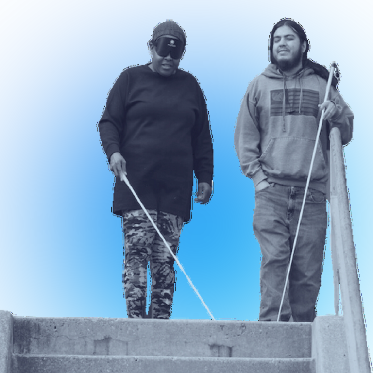 stylized image of two adults holding white canes standing at the top of an outdoor staircase