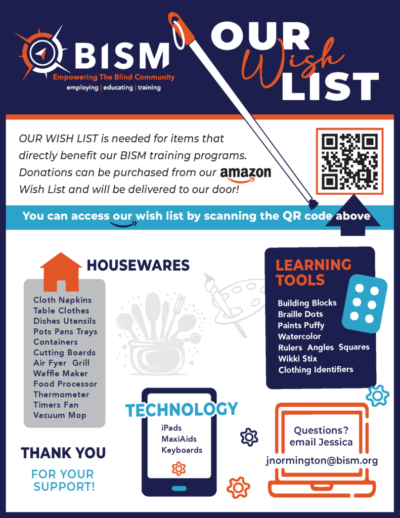 Flyer for BISM's 2024 Amazon Wish List in support of BISM Training Programs.