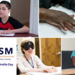 Collage of blind students reading Braille. Young adult, teenager, and a senior.