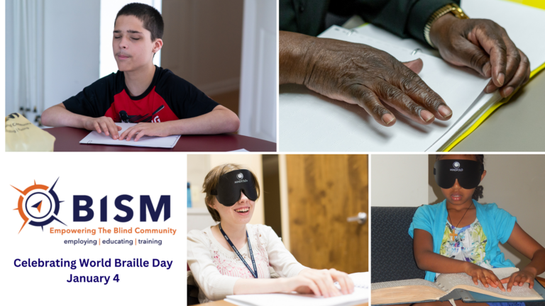 Collage of blind students reading Braille. Young adult, teenager, and a senior.