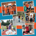 Collage of blind and low vision youth participating in BISM summer programs, including group cane travel, outdoor activities, kitchen skills training, and group learning. The images show students of various ages engaging in fun, confidence-building experiences.