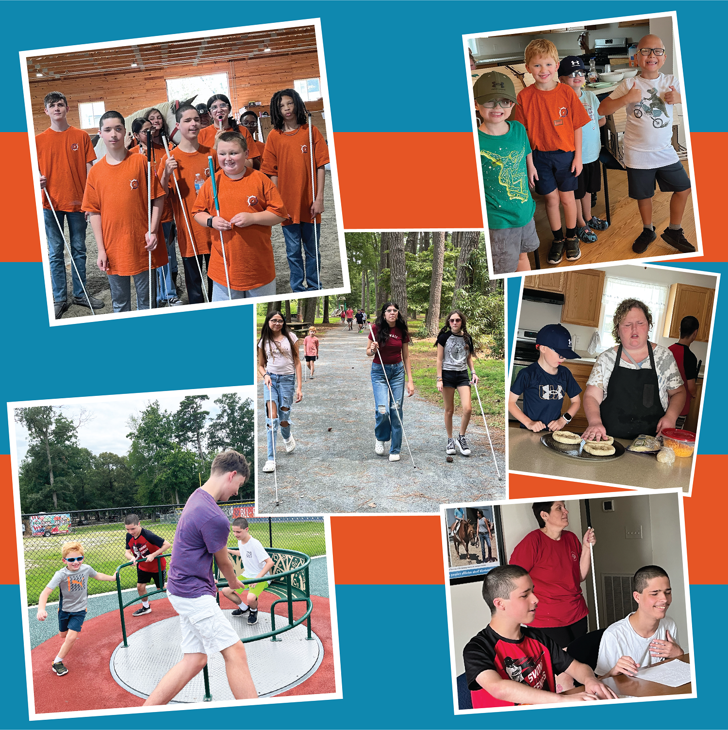 Collage of blind and low vision youth participating in BISM summer programs, including group cane travel, outdoor activities, kitchen skills training, and group learning. The images show students of various ages engaging in fun, confidence-building experiences.
