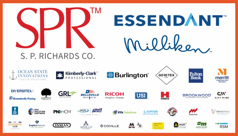 A graphic featuring the logos of numerous corporate sponsors and partners. At the top, the largest logos include S.P. Richards Co. (SPR), Essendant, and Milliken. Below are additional sponsor logos such as Ocean State Innovations, Kimberly-Clark Professional, Burlington, GORE-TEX, Fulton Bank, Merritt Construction, Ricoh, USI, Belleville, Hornwood, Brookwood, City Wide, Maryland Works, Gojo (makers of Purell), Klik Solutions, and many others. The graphic highlights appreciation for the wide range of companies supporting the event or organization.