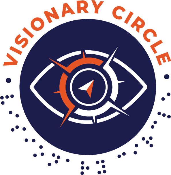 Visionary Circle logo - Round - eye in middle with the BISM compass as the pupil. On top of the circle says Visionary Circle then Visionary circle in braille underneath