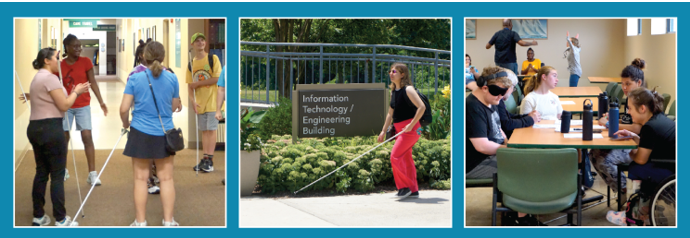 A three-photo collage featuring blind and low vision students participating in educational and mobility training activities. The first image shows a group of students walking through a school hallway using white canes, guided by an instructor. The second image captures a blind woman walking confidently with a cane past the Information Technology/Engineering Building on a sunny day. The third image shows students seated at tables in a classroom setting, actively participating in a group discussion while an instructor leads an activity at the front of the room.