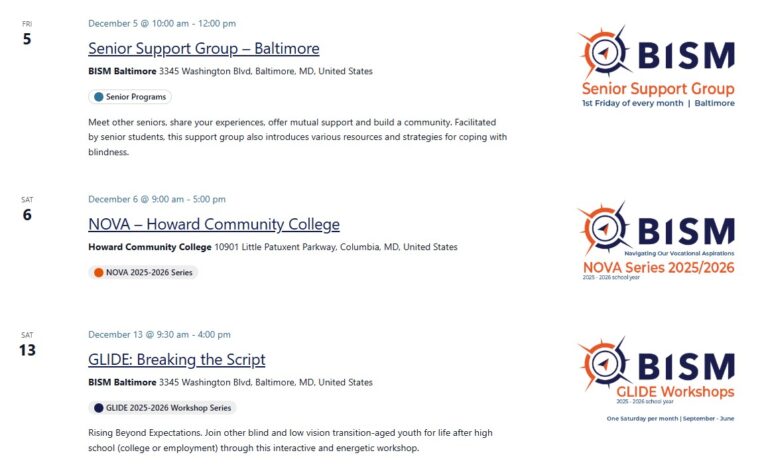 Sample list of upcoming calendar events organized by BISM