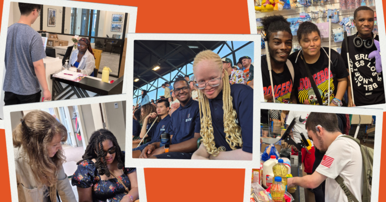 A collage of young people engaging in various activities: chatting, shopping, smiling in a group, and participating in what appears to be a community or school event. Diverse backgrounds are represented.