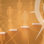 Abstract image with translucent human icons connected by lines, white steps leading to a compass symbol, and binary code numbers in the background, suggesting networking and progress.