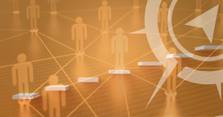 Abstract image with translucent human icons connected by lines, white steps leading to a compass symbol, and binary code numbers in the background, suggesting networking and progress.