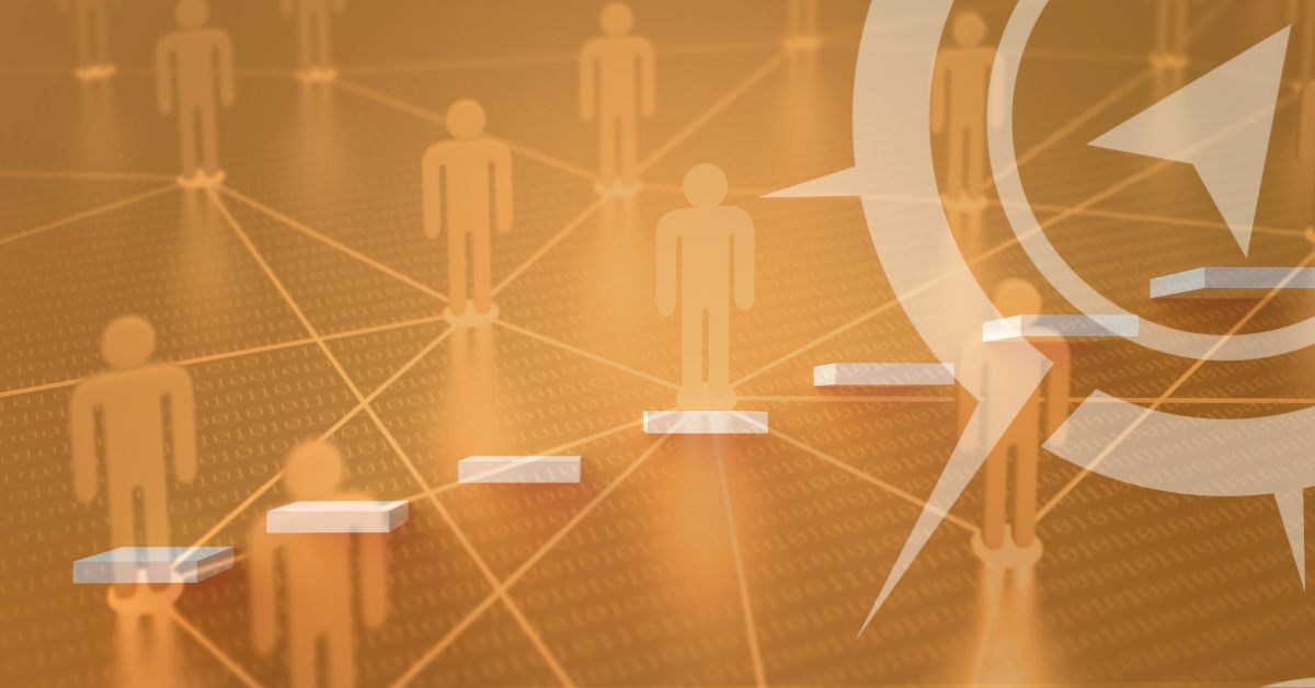 Abstract image with translucent human icons connected by lines, white steps leading to a compass symbol, and binary code numbers in the background, suggesting networking and progress.