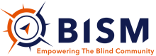 BISM Logo, blue and gold compass icon with modern styled letters reading BISM Empowering the Blind Community, employing, educating, training.